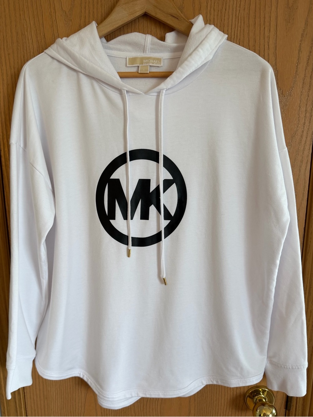 MICHAEL KORS White Hoodie with Black MK Circle Logo Sweatshirt Women’s Size L